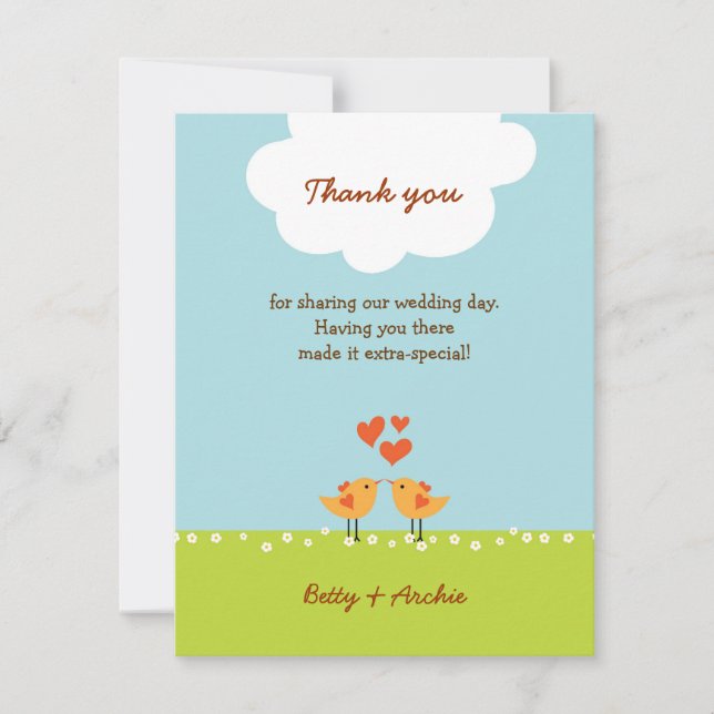 Cute Cartoon Love Birds (Day) Wedding Thank You Card (Front)