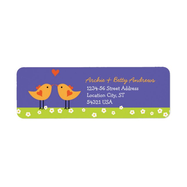 Cute Cartoon Love Birds (Night) Wedding Label (Front)