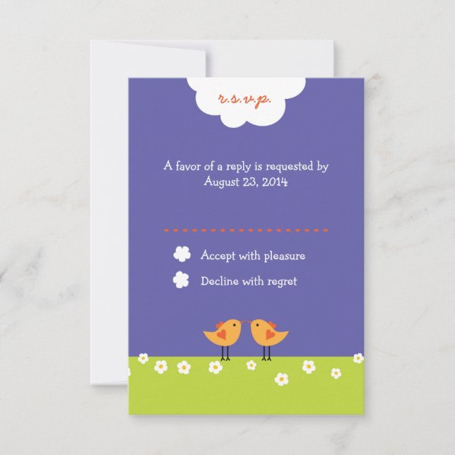 Cute Cartoon Love Birds (Night) Wedding RSVP Card (Front)