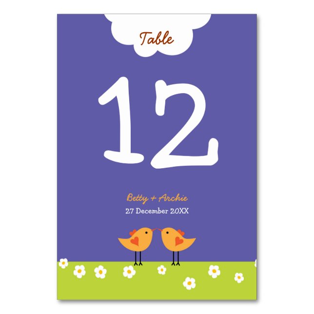 Cute Cartoon Love Birds (Night) Wedding Table Number (Front)