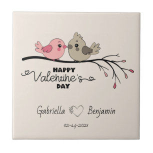 Cute Cartoon Lovebirds on branch Valentine’s Day Ceramic Tile