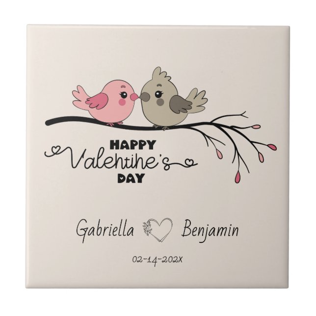Cute Cartoon Lovebirds on branch Valentine’s Day Ceramic Tile (Front)