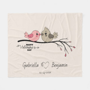 Cute Cartoon Lovebirds on branch Valentine’s Day Fleece Blanket