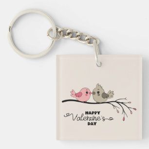 Cute Cartoon Lovebirds on branch Valentine’s Day Keychain