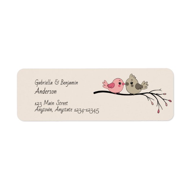 Cute Cartoon Lovebirds on branch Valentine’s Day Label (Front)