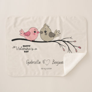 Cute Cartoon Lovebirds on branch Valentine’s Day Sherpa Blanket
