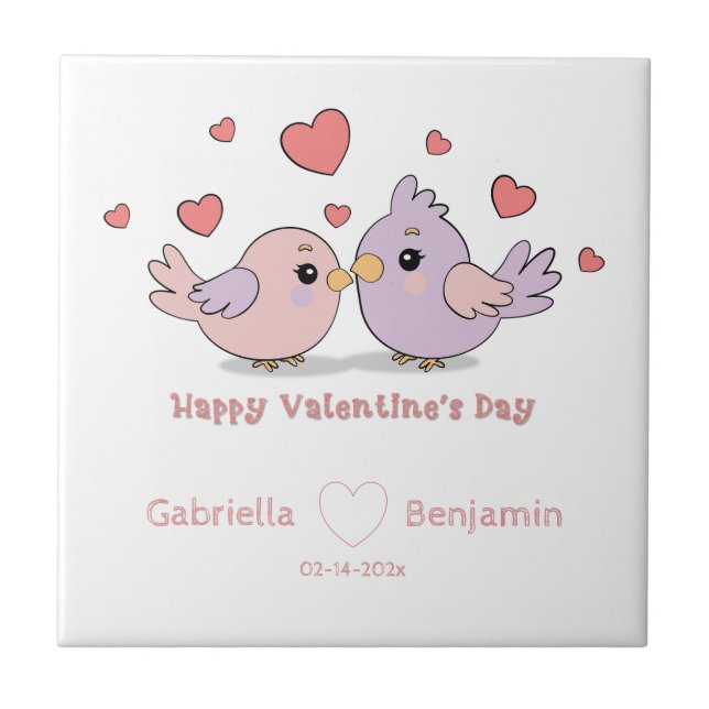 Cute Cartoon Lovebirds Pink Hearts Valentine’s Day Ceramic Tile (Front)