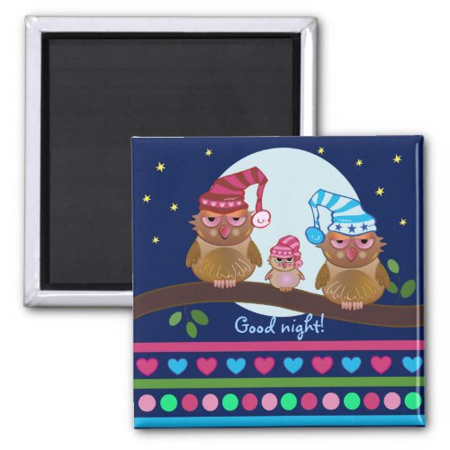 Cute cartoon magnet with sleepy Owl family