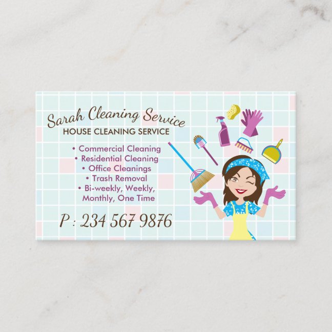 Cute Cartoon Maid Cleaning Service Business Card