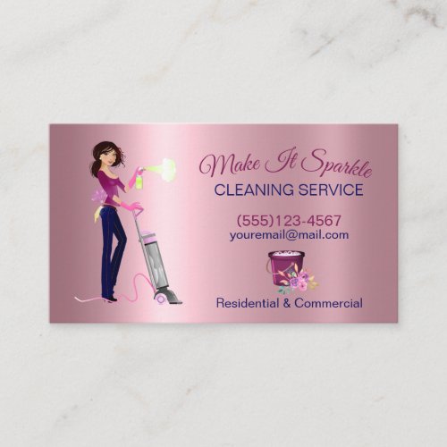 Cute Cartoon Maid Cleaning Service Rose Gold Business Card