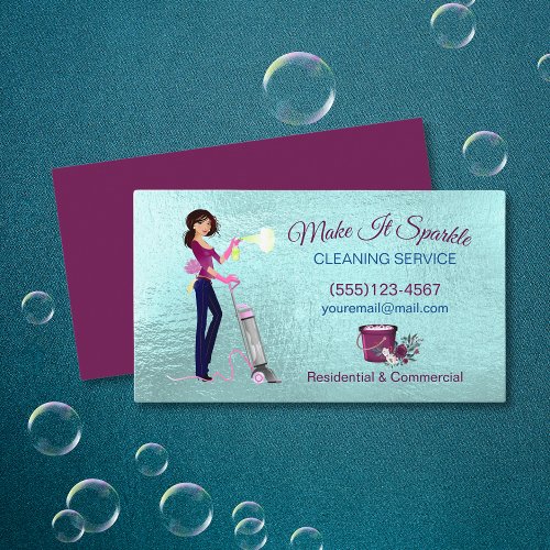 Cute Cartoon Maid Cleaning Service Teal  Business Card