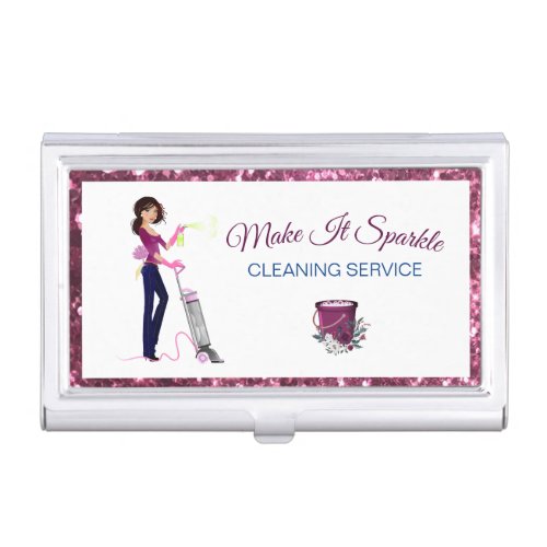 Cute Cartoon Maid Glitter Cleaning Service Business Card Case