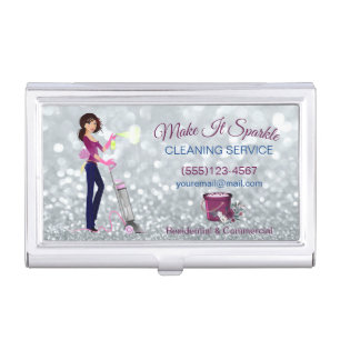 Cute Cartoon Maid Glitter Cleaning Service Business Card Case
