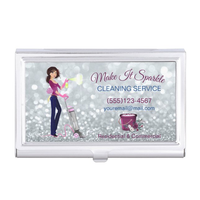 Cute Cartoon Maid Glitter Cleaning Service Business Card Case (Front)