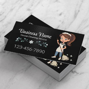 Cute Cartoon Maid House Cleaning Service Black Business Card