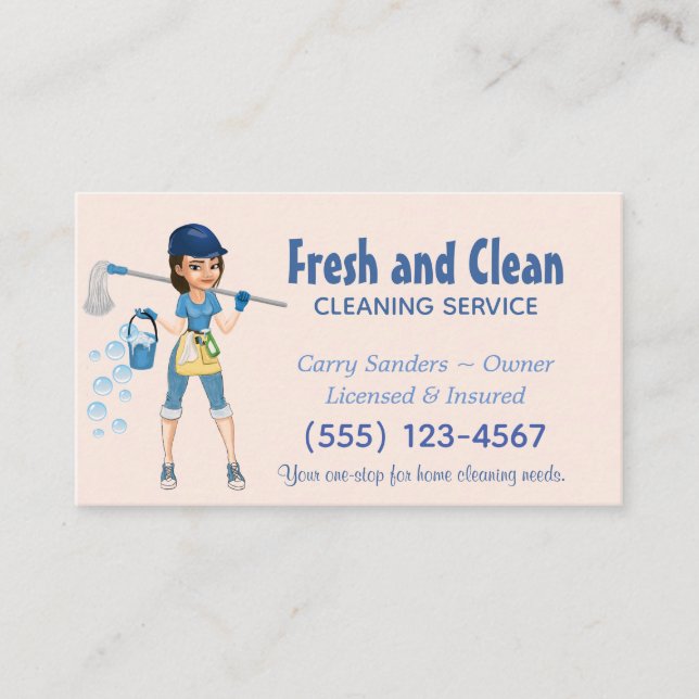 Cute Cartoon Maid House Cleaning Service Business Card (Front)