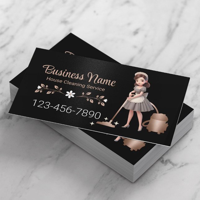 Cute Cartoon Maid House Cleaning Service Business Card (Creator Uploaded)