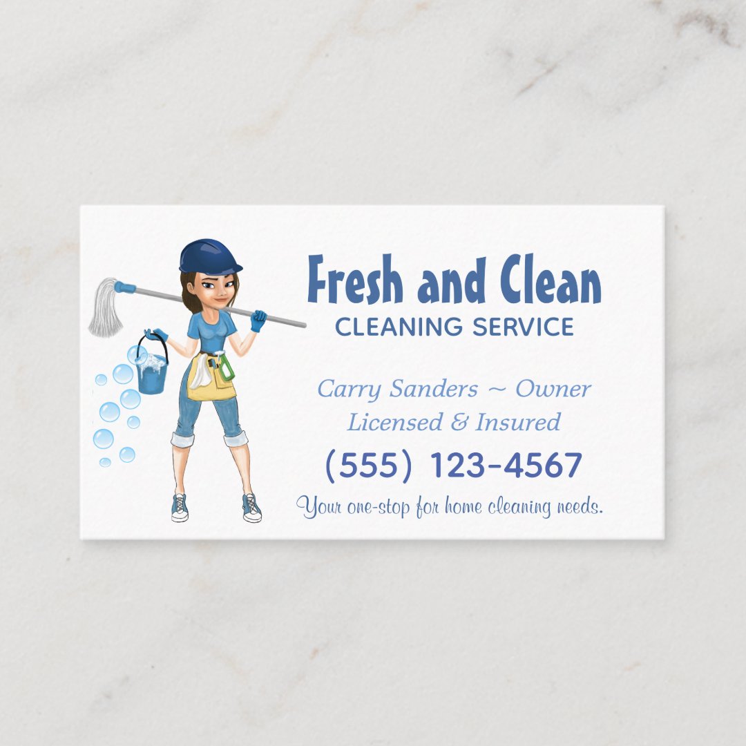 Cute Cartoon Maid House Cleaning Service Business Card 