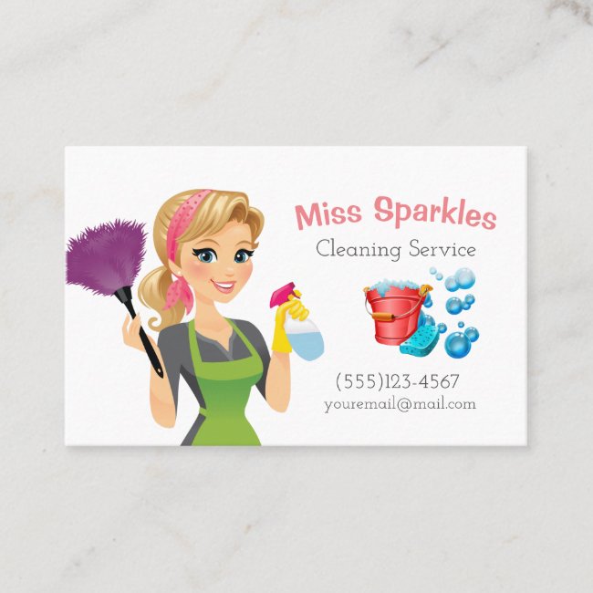 Cute Cartoon Maid House Cleaning Services Business Card