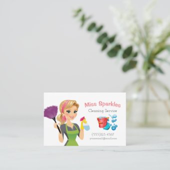 Cute Cartoon Maid House Cleaning Services Business Card | Zazzle