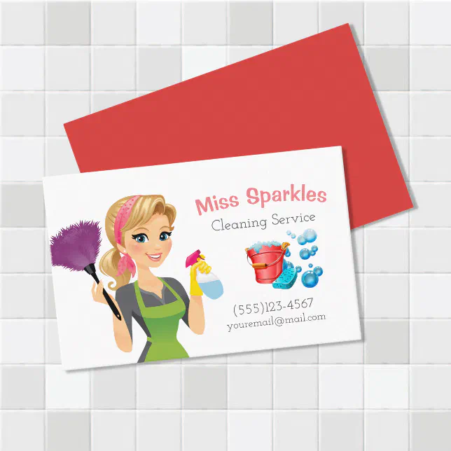 Cute Cartoon Maid House Cleaning Services Business Card | Zazzle