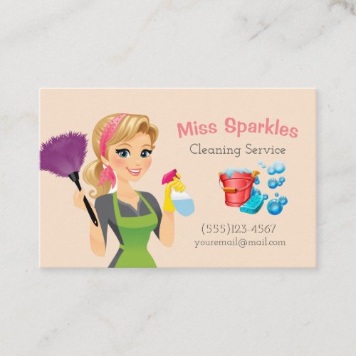 Cute Cartoon Maid House Cleaning Services Business Card