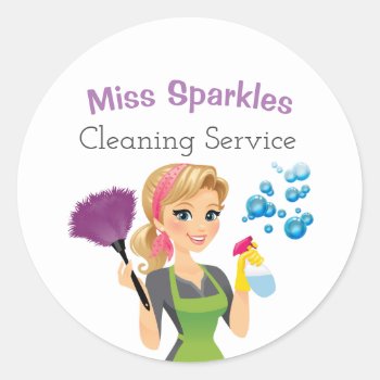 Cute Cartoon Maid House Cleaning Services Business Classic Round Sticker by tyraobryant at Zazzle