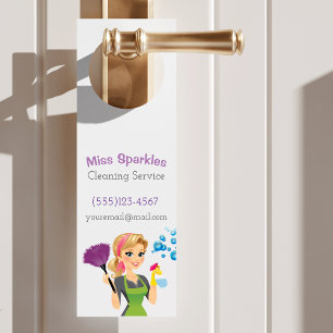 Cute Cartoon Maid House Cleaning Services Business Door Hanger