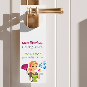 Cute Cartoon Maid House Cleaning Services Business Door Hanger