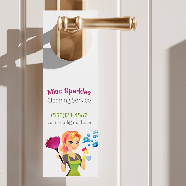 Cute Cartoon Maid House Cleaning Services Business Door Hanger (Creator Uploaded)