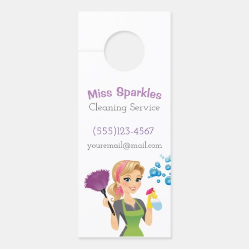 Cute Cartoon Maid House Cleaning Services Business Door Hanger