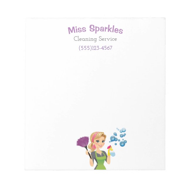 Cute Cartoon Maid House Cleaning Services Business Notepad (Front)