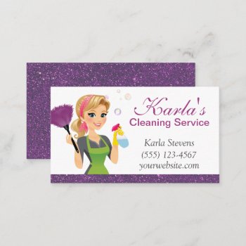 Cute Cartoon Maid Sparkle House Cleaning Services Business Card by tyraobryant at Zazzle