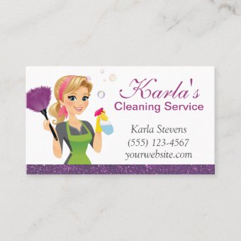 Cute Cartoon Maid Sparkle House Cleaning Services Business Card | Zazzle