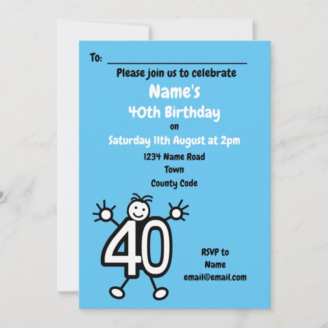 Cute Cartoon Male Blue 40th Birthday Party Invitation (Front)