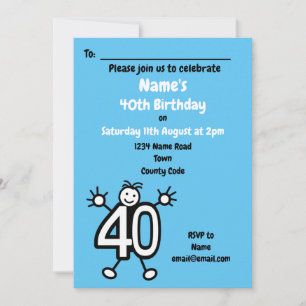 Cute Cartoon Male Blue 40th Birthday Party Invitation