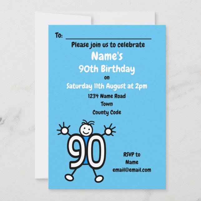 Cute Cartoon Male Blue 90th Birthday Party Invitation (Front)