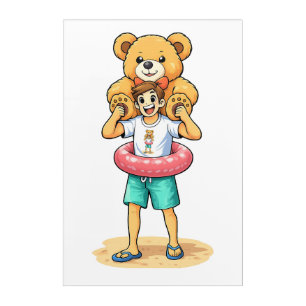 Cute Cartoon Man with Giant Teddy Bear Summer Fun Acrylic Print