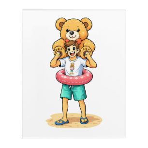Cute Cartoon Man with Giant Teddy Bear Summer Fun Acrylic Print