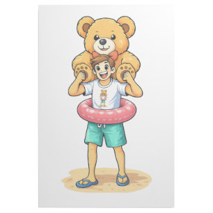 Cute Cartoon Man with Giant Teddy Bear Summer Fun Gallery Wrap