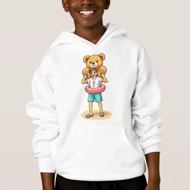 Cute Cartoon Man with Giant Teddy Bear Summer Fun Hoodie (Front)