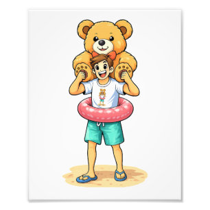 Cute Cartoon Man with Giant Teddy Bear Summer Fun Photo Print