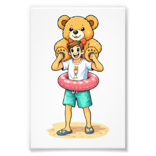 Cute Cartoon Man with Giant Teddy Bear Summer Fun Photo Print