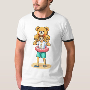 Cute Cartoon Man with Giant Teddy Bear Summer Fun T-Shirt