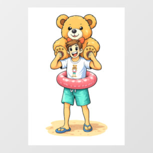 Cute Cartoon Man with Giant Teddy Bear Summer Fun Wall Decal