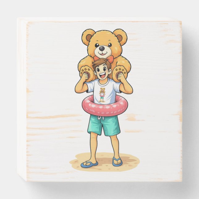 Cute Cartoon Man with Giant Teddy Bear Summer Fun Wooden Box Sign (Front Horizontal)