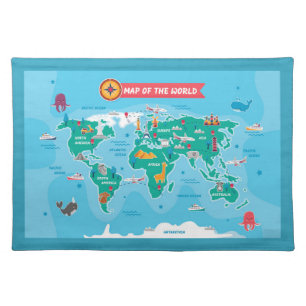 Cute Cartoon Map of the World with Extras Cloth Placemat