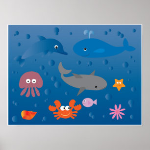 Cute cartoon marine life poster for kids