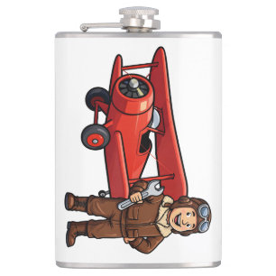 Cute Cartoon Mechanic with Red Car Illustration Flask