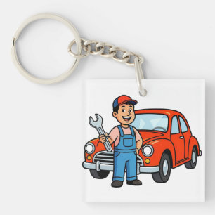 Cute Cartoon Mechanic with Red Car Illustration Keychain